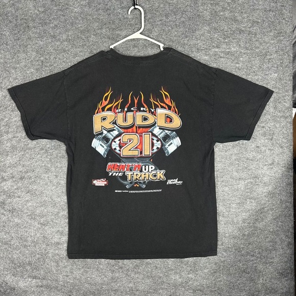 Ricky Rudd 21 NASCAR Racing Flames Piston T Shirt Mens Black Heat n Up Track - Picture 2 of 16